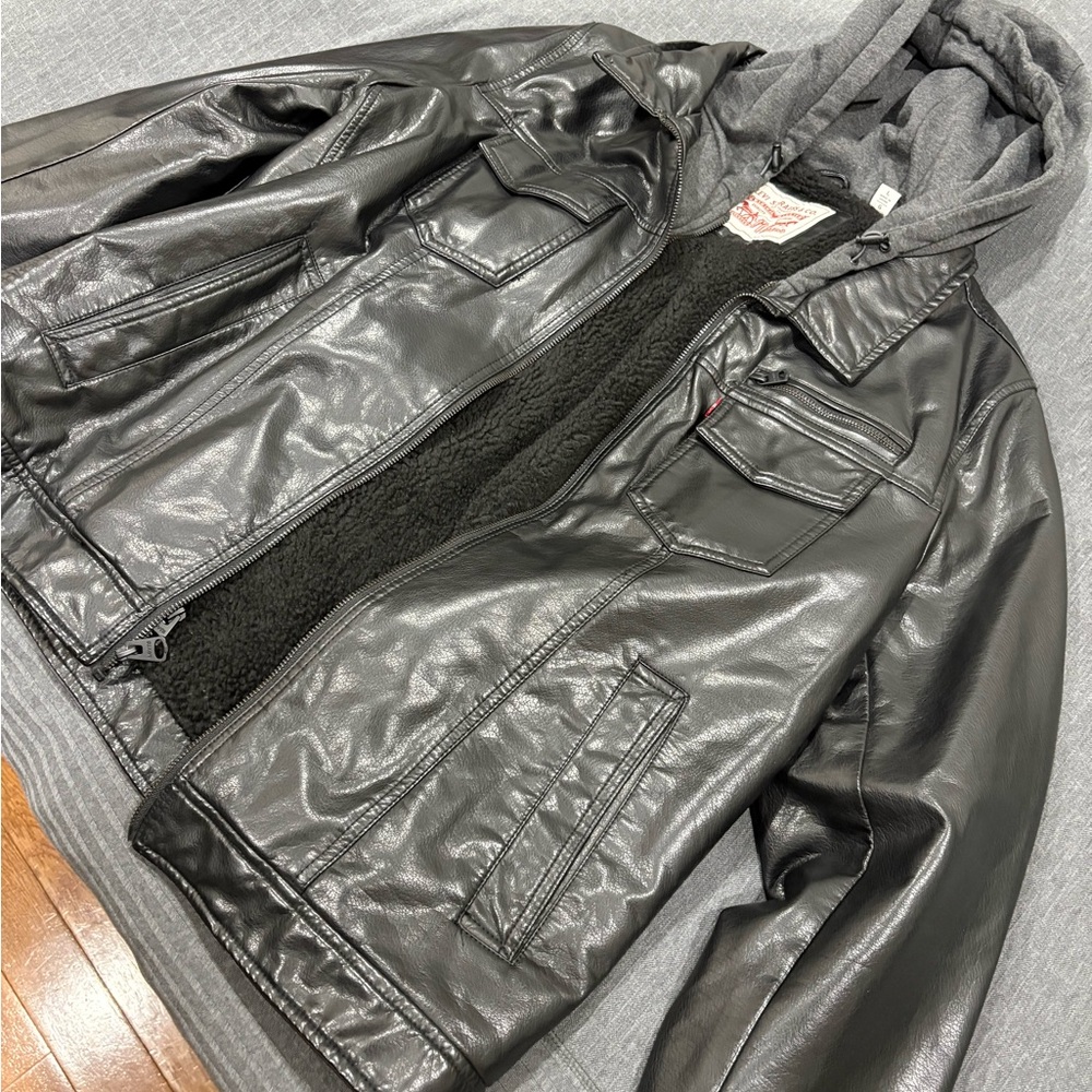 Men's Levis Black Faux Leather Jacket with Hood